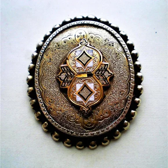 HUGE Antique Victorian 18K Gold Sterling Silver Cloisonne Enamel Brooch Pin 11 g